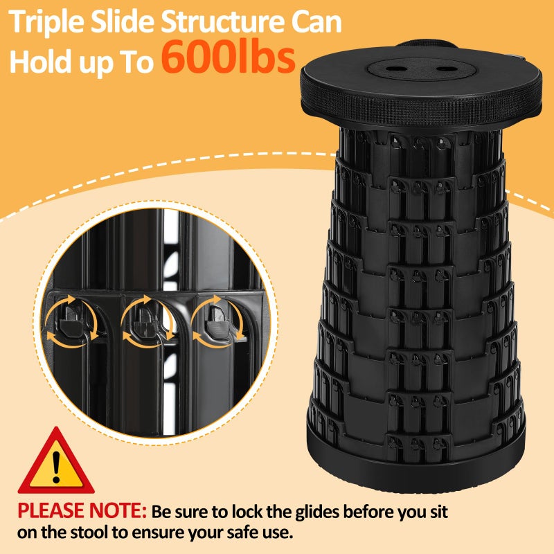 Fuairmee Collapsible Stool - Upgraded with 3 Slides Load Capacity 600lbs  Folding Camping Stool with 3-in-1 Carry Bag  Lightweight Sturdy Retractable Suitable for Camping Fishing Hiking BBQ (Black) - Image 4